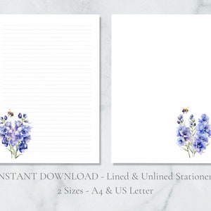 Delphiniums azules, papelería imprimible, papelería de abejas, papel de escritura floral, papel de escritura de primavera, papel de escritura de cartas A4, tamaño carta de EE. UU., descarga instantánea