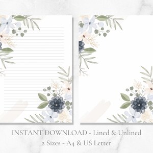 Papelería imprimible con acuarela floral, hojas y flores, papel de escribir botánico, papel para escribir cartas, tamaño A4, carta estadounidense, descarga instantánea
