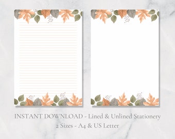 Autumn Fall Printable Stationery Header Footer Paper Fall Leaves Stationery A4 and US Letter Lined & Plain Instant Download PDF Stationery