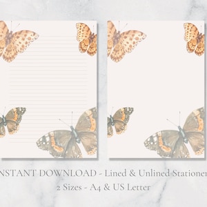 Carta da lettere stampabile con farfalle, carta da lettere naturale, carta da lettere con animali selvatici, formato A4, formato US, download immediato