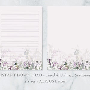 Papelaria imprimível Meadow Flores roxas Papel de carta natureza Primavera Verão Papel de carta A4 EUA Download instantâneo