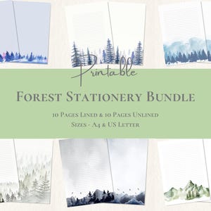 Op de afbeelding: Printbare briefpapierbundel met 10 gelinieerde en 10 ongelinieerde pagina's met een aquarel bosontwerp. De pagina's zijn beschikbaar in A4 en US Letter formaten.