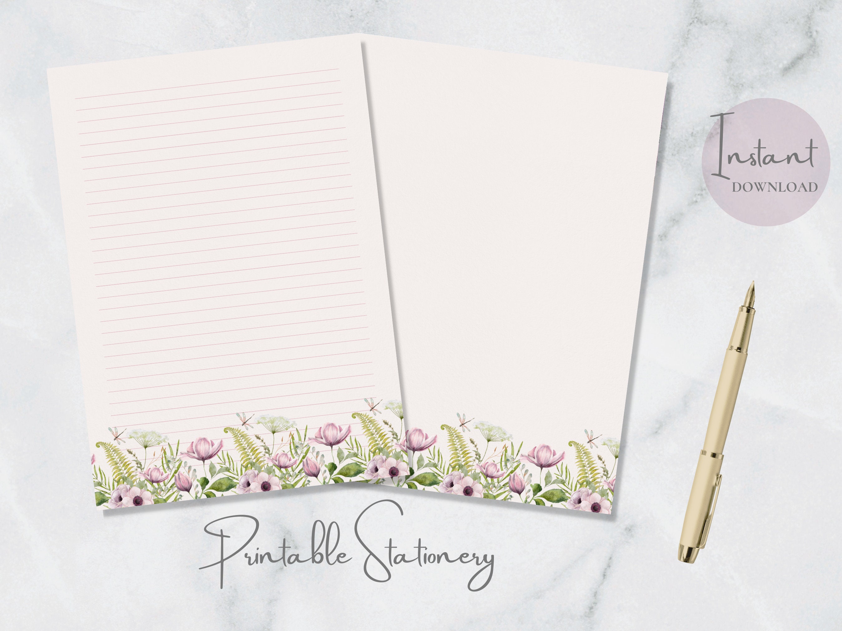 Dragonfly Floral Watercolor Printable Stationery Poppy Stationary ...