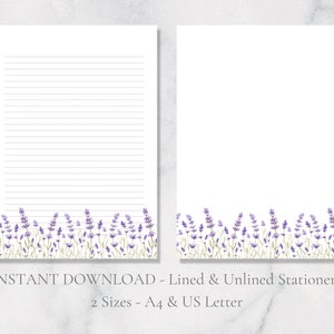 Papelería imprimible de lavanda, papelería de flores moradas, papel botánico para escribir cartas florales, papel A4, carta estadounidense, descarga instantánea