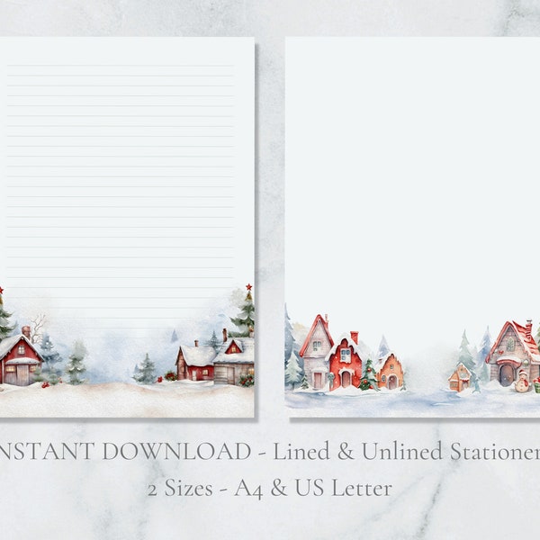 Christmas Village Printable Stationery Festive Stationary Holiday Letter Writing Paper Winter Letter  A4 US Letter Instant Download Church