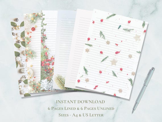 Christmas Stationery Printable Holiday Stationary Paper Festive Stationary Writing Paper Christmas Letter Set A4 US Letter Instant Download