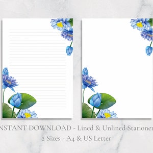 Papelaria para impressão de lótus, papel de carta floral, papel de carta com lírio, papel de carta botânico, tamanho A4, download instantâneo