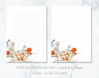 May include: Printable lined and unlined stationery featuring a floral design with white, orange, and blue flowers. The text "INSTANT DOWNLOAD - Lined & Unlined" and "2 Sizes - A4 & US Letter" is at the bottom of the image.