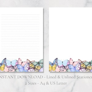 Papelaria para impressão com rodapé de borboleta, papel de carta colorido para natureza, papel de carta para animais selvagens, papel de carta A4 para download instantâneo