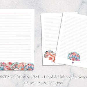 Japanische Fans Druckbare Schreibwaren Floral Brief schreiben A4 US Letter Sofortiger Download Japan Druckbare Asiatische Fächer Schöne Blumenfächer