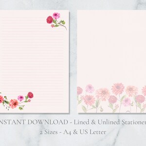 Papelería imprimible con dalias rojas y rosas, papelería floral, papel botánico para escribir cartas de primavera, tamaño A4, descarga instantánea.