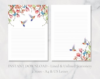 Floral Hummingbird Printable Stationery Magnolia Printable Stationary Paper Floral Letter Writing Paper A4 US Letter Instant Download