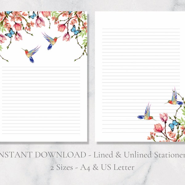 Floral Hummingbird Printable Stationery Magnolia Printable Stationary Paper Floral Letter Writing Paper A4 US Letter Instant Download