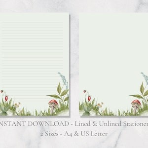Woodland Toadstool Strawberries Printable Stationery Writing Paper Meadow Letter Paper A4 and US Letter Lined & Plain Instant Download PDF