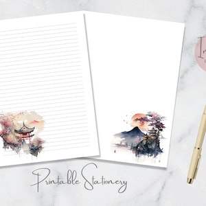 Japanse aquarel scène afdrukbaar briefpapier Sakura Mountain natuur brief schrijfpapier A4 US Letter Instant Download Pagoda briefpapier
