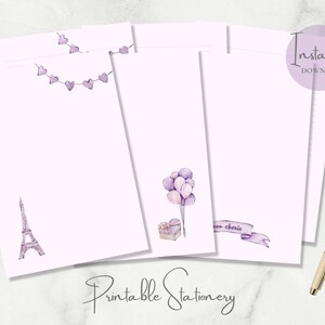 Papelería imprimible Mon Cherie, carta de EE. UU., tamaño A4, acuarela, San Valentín, corazón, París, papel para escribir cartas, amor, descarga instantánea