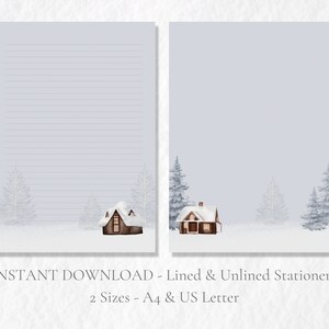 Cabaña de nieve en el bosque Papelería imprimible Papelería de invierno Papel de escribir de nieve Papel para escribir cartas A4 Carta estadounidense Descarga instantánea Navidad