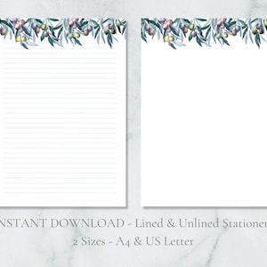 Carta da lettere stampabile Olive, carta da lettere acquerello Olive, carta da lettere botanica Olive Branch, carta da lettere A4 US Letter, download immediato