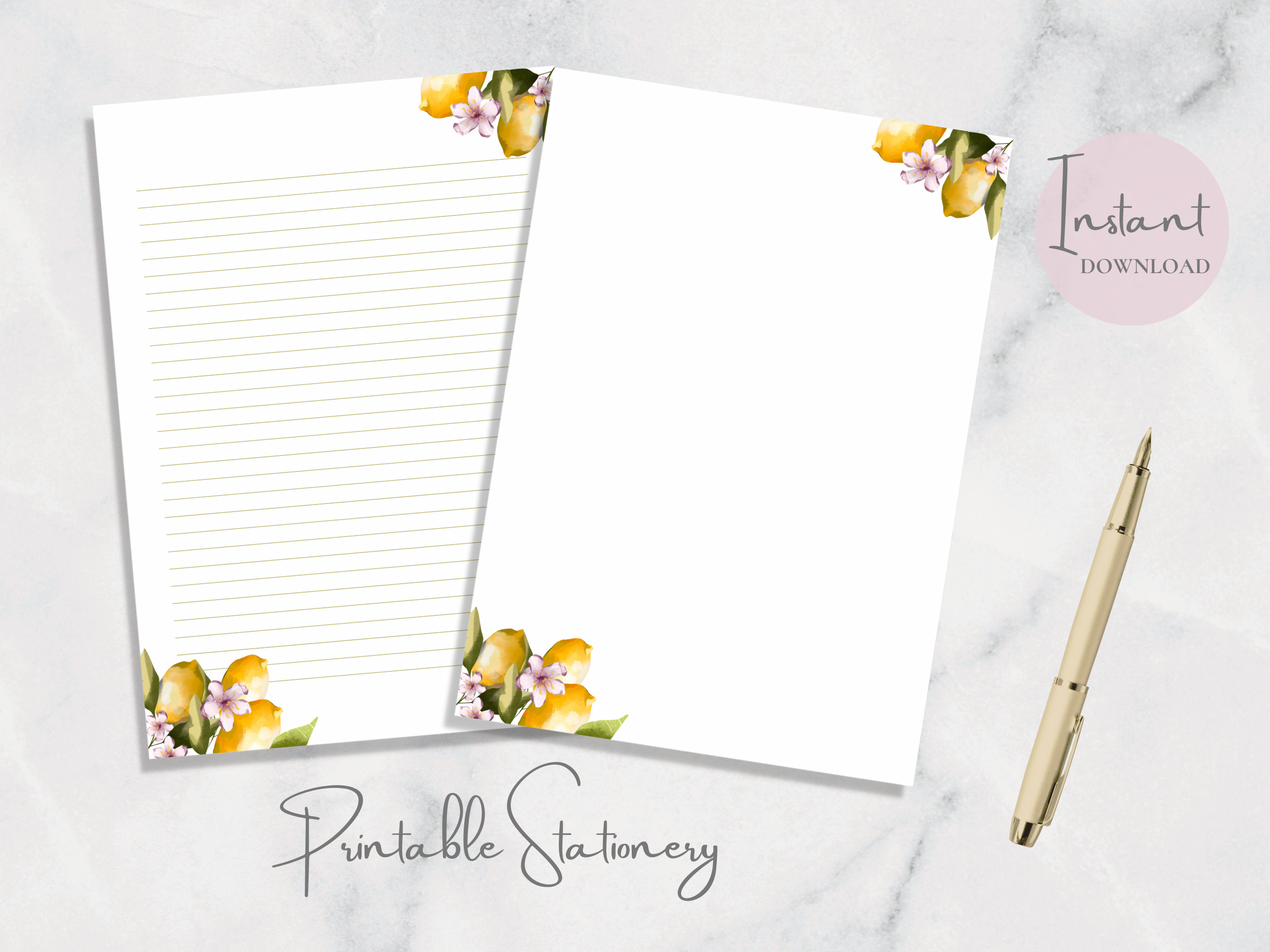 Lemons Printable Stationery Watercolor Fruit Stationary Nature Writing ...