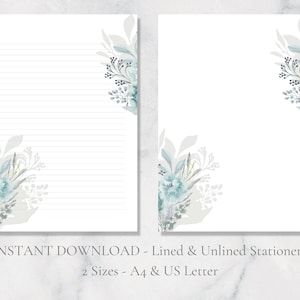 Papelaria para impressão floral Sea Spray, papel de carta botânico, papel de carta A4, carta dos EUA, download instantâneo, floral azul-petróleo
