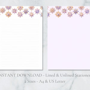 Puede incluir: Papelería imprimible con un borde de copos de nieve morados y dorados. La papelería está disponible en dos tamaños: A4 y US Letter. El texto "INSTANT DOWNLOAD - Lined & Unlined Stationery" y "2 Sizes - A4 & US Letter" está incluido en la imagen.