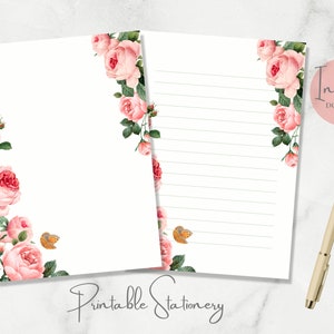 Papelaria para impressão de borboletas e rosas, meia carta americana A5, papel de carta floral, papel de carta de amor, download instantâneo
