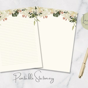 Witte lelies Afdrukbaar briefpapier Bloemen stationair Botanisch briefpapier Leliebrief schrijfpapier A4 US Letter Instant Download Nature