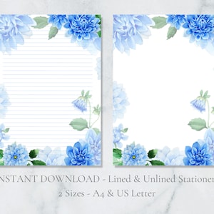Papelería imprimible con dalias azules, papelería floral, papel botánico para escribir, papel para escribir cartas de primavera, tamaño A4, carta de EE. UU., descarga instantánea, verano