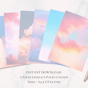 Papel de carta imprimible con nubes azules y rosas, cielo con nubes, papel de carta imprimible, papel de carta tamaño A4, descarga instantánea.
