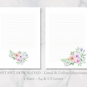 Papelería imprimible con ramo floral, papel de acuarela, papel de carta con flores, papel para escribir, tamaño A4, descarga instantánea.