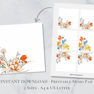 Bloco de notas para impressão de buquê floral, conjunto de notas da natureza, aquarela, papel de notas botânicas, flores, impressão, post-it, carta A4, download instantâneo