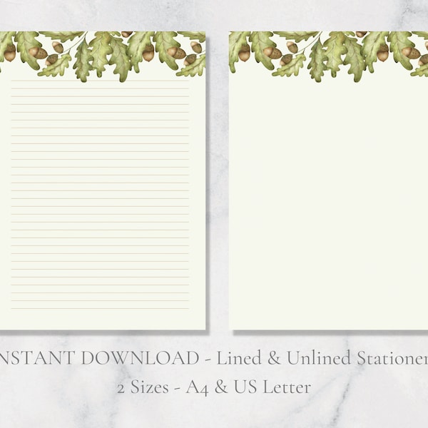 Acorns Printable Stationery Oak Tree Stationary Nature Writing Paper Oak Leaf Letter Writing Paper A4 US Letter Botanical Instant Download