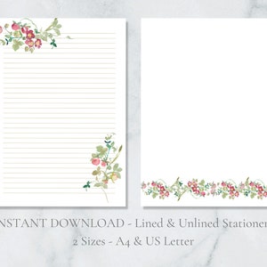 Papelería imprimible de fresas silvestres, papelería de frutas, papel de acuarela para escribir cartas de plantas, papel A4, carta estadounidense, descarga instantánea