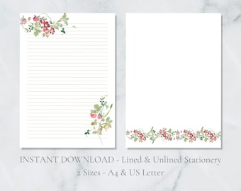 Wild Strawberries Printable Stationery Fruit Stationary Watercolor Writing Paper Plant Letter Writing Paper A4 US Letter Instant Download