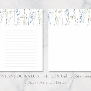 Papelería imprimible con tallo de flor azul, papelería floral, papel botánico para escribir cartas, papel natural A4, carta estadounidense, descarga instantánea
