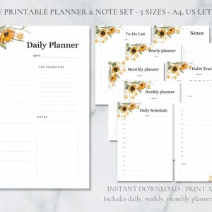 Sonnenblumen Druckbare Planer Täglich Wochen Monatlich Jahresplaner Notizpapier A4 US Letter A5 Sofort Download PDF Planer Einlegeseiten