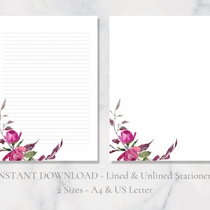 Papelería imprimible con ramitas de rosas, papelería floral, papel de escritura natural, papel de escritura con mariposas, papel de escritura A4, carta estadounidense, descarga instantánea