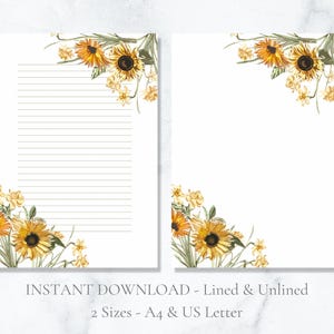 Carta da lettere stampabile con girasoli, carta da lettere floreale, carta da lettere gialla, formato A4, formato US, download immediato