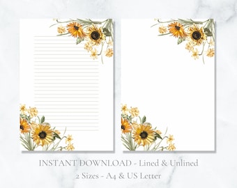 Sunflowers Printable Stationery Floral Stationary Flower Writing Paper Yellow Letter Writing Paper A4 US Letter Instant Download