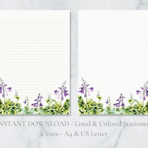 Papelería imprimible con flores de hosta, papelería con flores moradas, papel botánico para escribir, papel para escribir cartas con hojas, tamaño A4, carta estadounidense, descarga instantánea