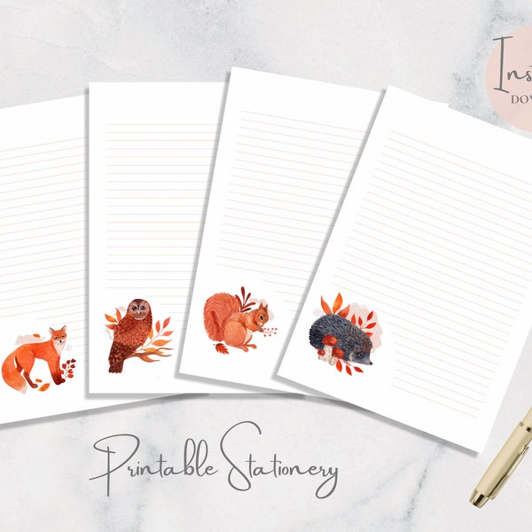 Fall Animals Printable Stationery Autumn Printable Stationary Paper Flower Writing Paper Fox Owl Letter Paper A4 US Letter Instant Download