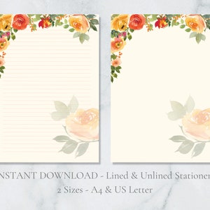 Papelaria para impressão de rosas laranja, papelaria floral, papel de carta botânico, flores, papel de carta, papel A4, download instantâneo, primavera