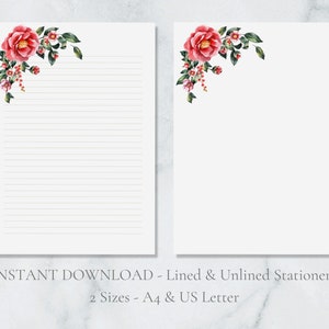 Carta da lettere stampabile con camelia rosa, carta da lettere floreale rossa, carta da lettere botanica, carta da lettere A4 US, download immediato