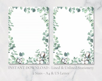 Eucalyptus Cotton Printable Stationery Watercolor Stationary Botanical Writing Paper Leaf Writing Paper A4 US Letter Instant Download