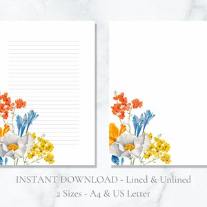 Papelaria floral para impressão, flores silvestres, papel de carta para prado, papel de carta com íris, papel de carta A4, download instantâneo