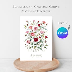 Bearbeitbare 5 X 7-Grußkarte Rose Printable Blumenblumen-Geburtstagskarte Glückwünsche A4 US Letter In Canva-Vorlage bearbeiten Dankeskarte