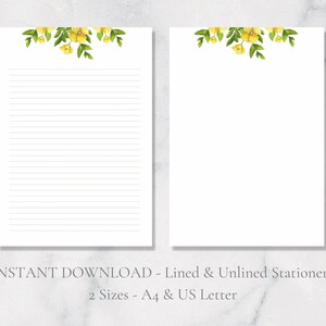 Papelaria para impressão de botão de ouro, papelaria floral, papel de carta botânico, papel de carta com folhas, papel de carta A4, download instantâneo, primavera