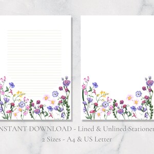 Papelería imprimible de jardín de primavera, papelería floral, papel de escritura natural, papel de escritura de cartas de Pascua, tamaño A4, carta estadounidense, descarga instantánea