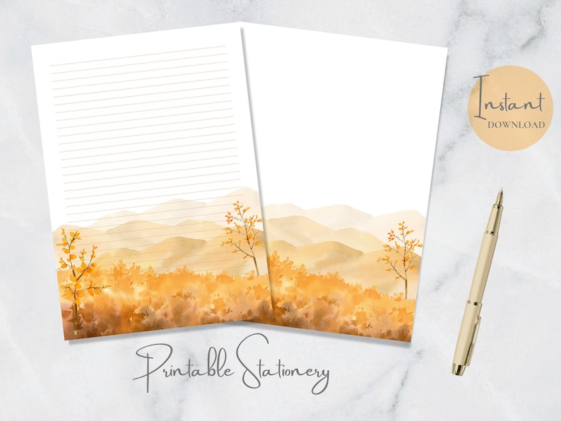 Autumn Landscape Printable Stationery Fall Tree Letter Paper Mountains ...