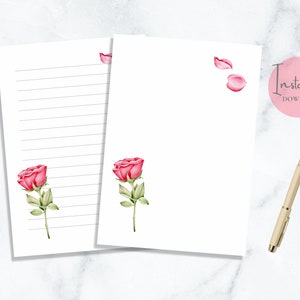 Papelería imprimible con rosas, tamaño carta A5, para San Valentín, papel de acuarela, papel floral, descarga instantánea